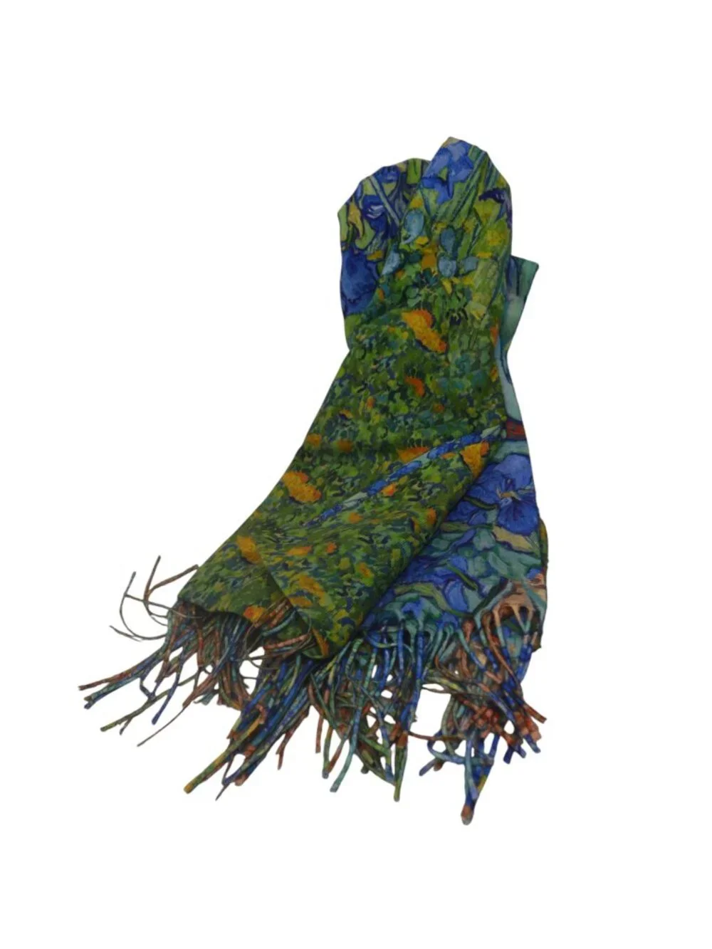 Van Gogh Irises Reversible Scarf Blue Green Fringe 100% Viscose 78x27 New